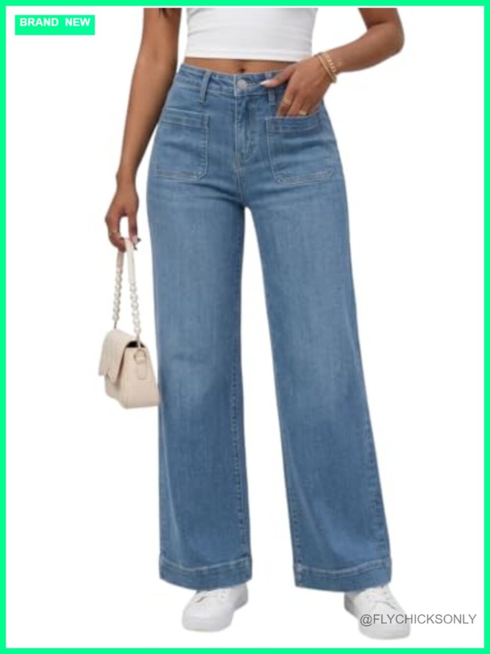 Wide Leg High Waisted Flare Jeans Stretchy Baggy Denim Pants with Patch Pockets
